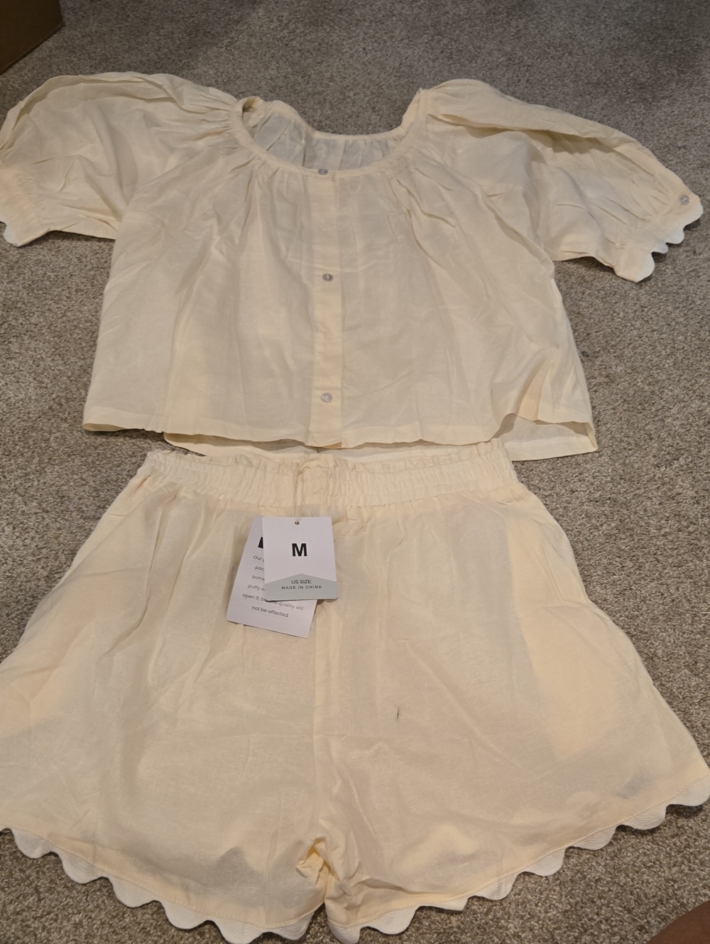 Cream Two-Piece Button Front Top & Scallop Hem Shorts Set